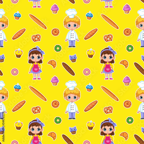 Seamless pattern with cute baby chefs or bakers, cakes, pastries, profession on a yellow background. Vector fairy tale illustration in a minimalistic flat style, hand drawn. Print for children.