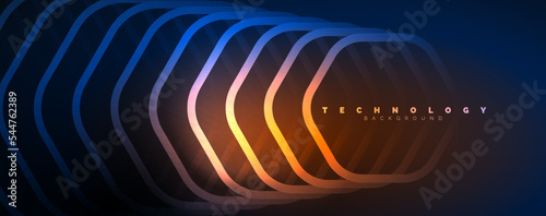 Neon shiny hexagons abstract background, technology energy space light concept, abstract background wallpaper desig