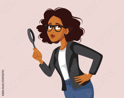 Curious Businesswoman Holding a Magnifying Glass Vector Cartoon Illustration. Funny detective looking for clues and information
