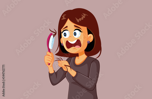 Stressed Woman Checking her Hairbrush Vector Cartoon Illustration. Unhappy girl having problems with her hair falling from alopecia 

