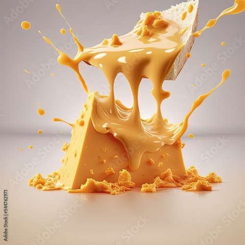 Cheese sauce splashing in the air with cheddar cheese, 3d rendering.