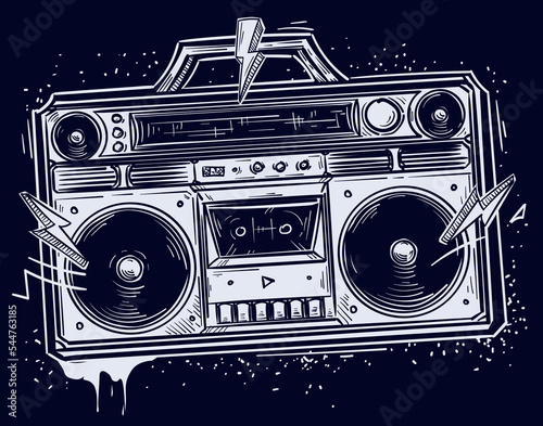 Monochrome hand drawn boom box tape recorder musical graffiti