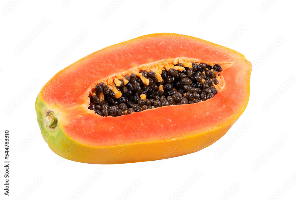 Half of ripe papaya fruit with seeds isolated on transparent png Half of ripe papaya fruit with seeds isolated on transparent png