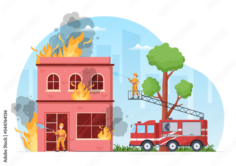 Fire Department with Firefighters Extinguishing House, Forest and Helping People in Various Situations in Flat Hand Drawn Cartoon Illustration