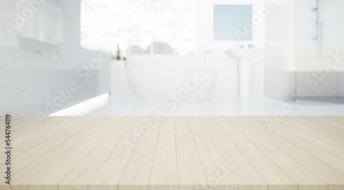 3d rendering of wood counter, table top or countertop with blur bathroom or shower room. Modern interior design in perspective view. Empty space with wooden texture pattern at surface for background. 