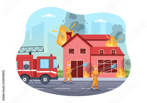 Fire Department with Firefighters Extinguishing House, Forest and Helping People in Various Situations in Flat Hand Drawn Cartoon Illustration