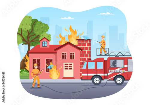 Fire Department with Firefighters Extinguishing House  Forest and Helping People in Various Situations in Flat Hand Drawn Cartoon Illustration