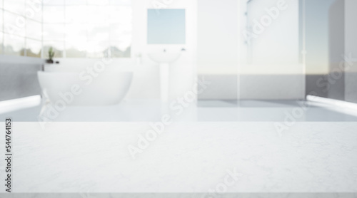 3d rendering of white marble counter or countertop with blur bathroom or shower room. Modern interior design in perspective. Empty space with rock or stone texture pattern at surface for background. 