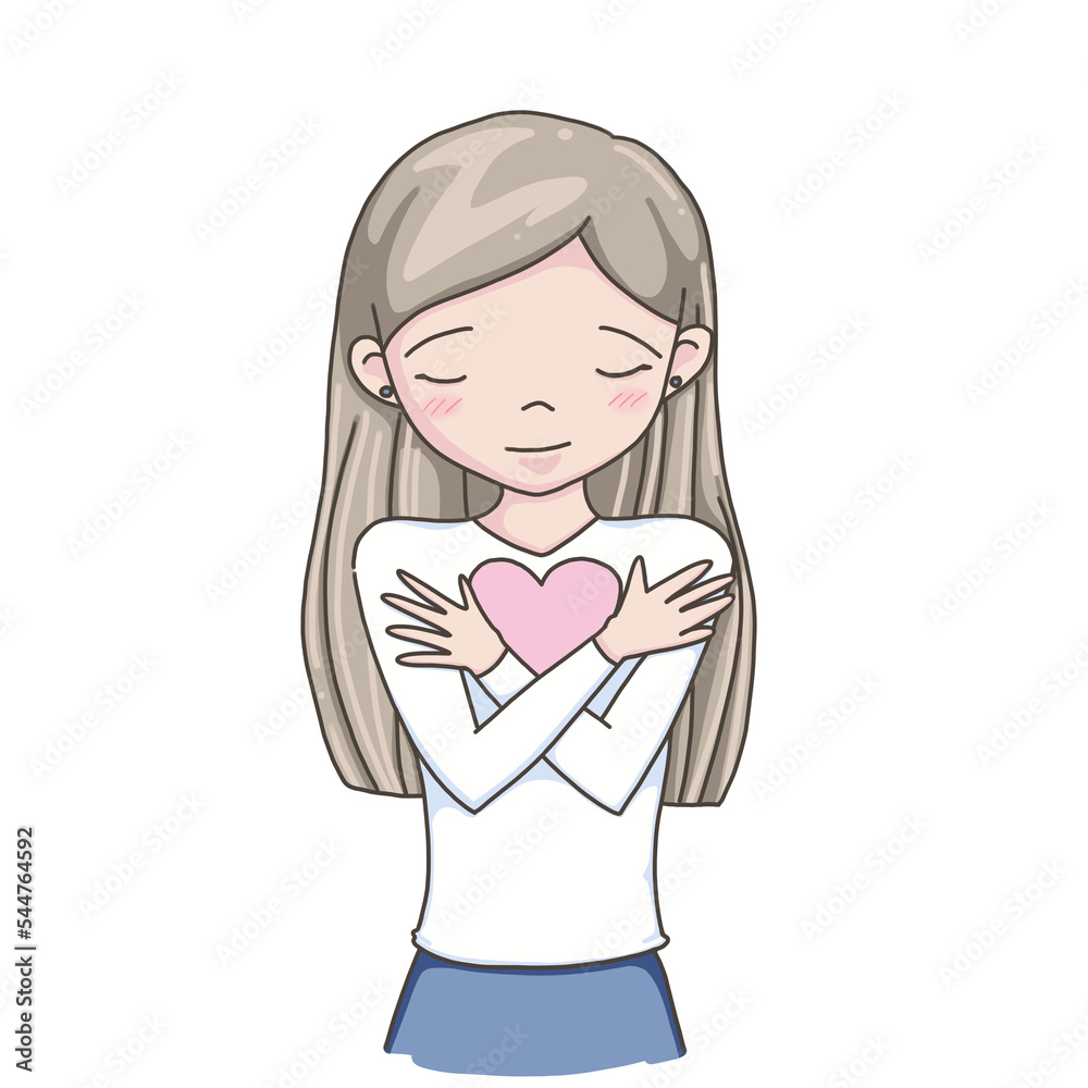 A woman hug himself with heart cartoon character illustration. A woman hug himself with heart cartoon character illustration.