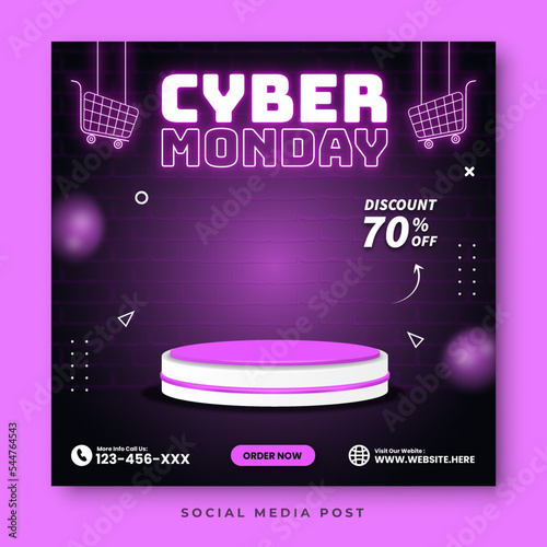 Neon cyber monday with podium product display social media banner