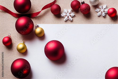 Christmas composition with balls and empty paper in center. Space for text, top view, flat lay