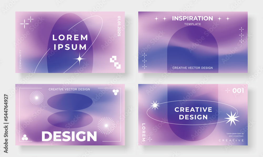 Naklejka premium Set of template background design vector. Collection of creative trendy abstract gradient purple blurred background, circle, curve, orbit, sparkle. Design for business card, cover, banner, poster.