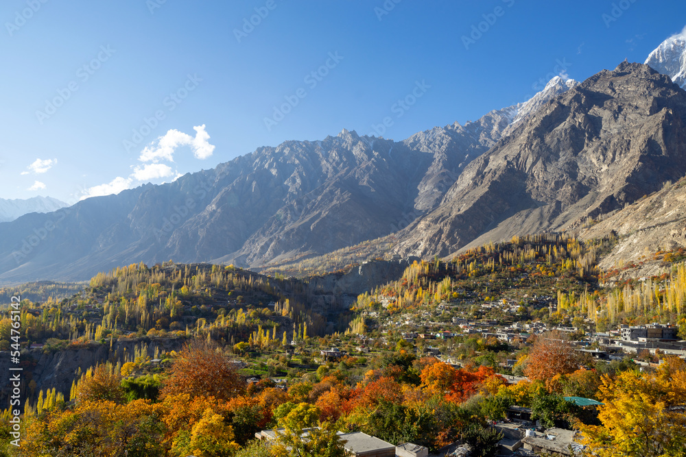 High angle view from Altit Fort of Gilgit-Baltistan, Pakistan during autumn season. Altit Fort is an ancient fort in the Altit town in the Hunza valley in Gilgit Baltistan, Pakistan. 