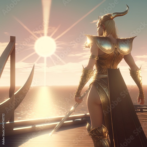 A beautiful valkyrie woman in golden golden shining armor dramatically leans on her sword in heavenly harbor against the background of a cold eclipse, she accompanies ships to Valhalla. 3d rendering