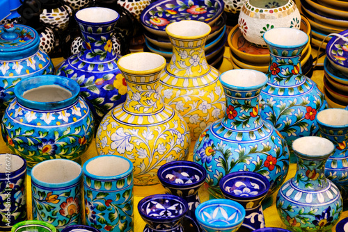 Multicolored Household ceramic items in the Street Market in India.