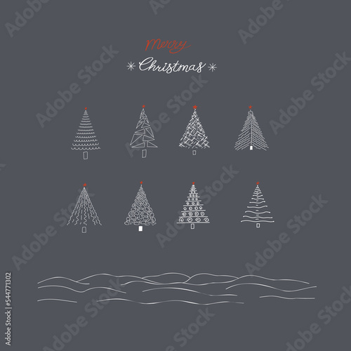 Merry Christmas Set of stylized Christmas trees on dark blue background