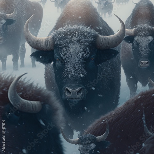 Fotografia Bull bison in front of herd in snowfall