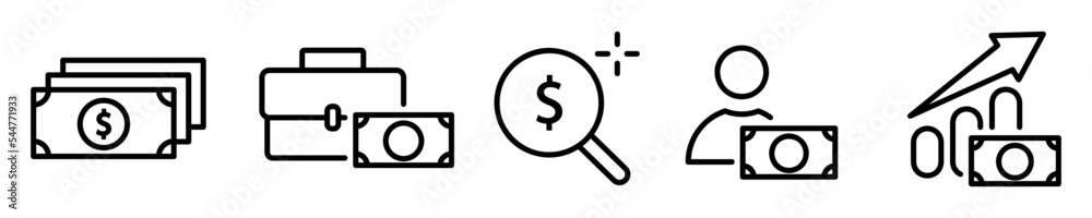 Conjunto de iconos de dinero. Finanzas, capital, inversión, ganancias. Ilustración vectorial Conjunto de iconos de dinero. Finanzas, capital, inversión, ganancias. Ilustración vectorial