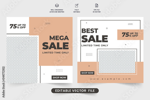 Best shop sale offer poster design in dark and nude colors. Special store promotional template vector for social media marketing. Limited time mega sale discount web banner design for fashion brands.