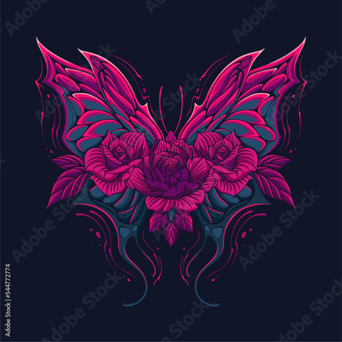Colorful Beautiful flying butterfly with flowers and leaves on it for t shirt design