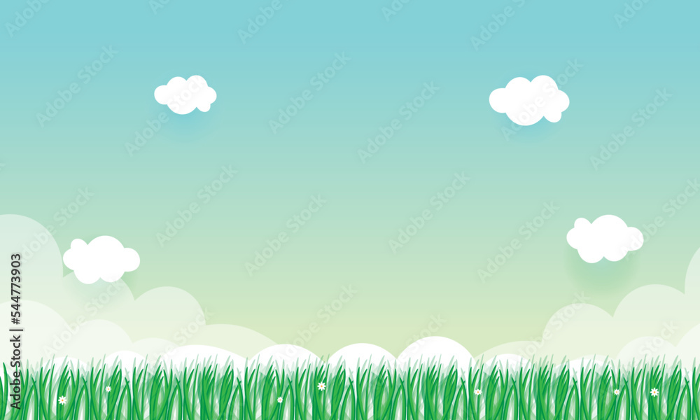 Nature landscape fresh background with green grass blue sky with clouds