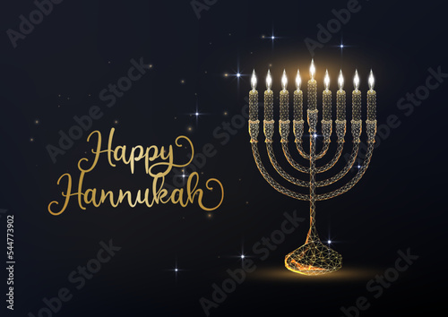 Happy Hannukah greeting cart with gold futuristic menorah and burning candles on black background