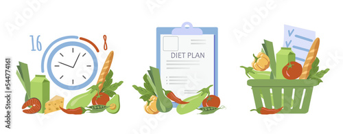 vector illustration in flat style. set of pictures on the theme diet, healthy eating, intermittent fasting 