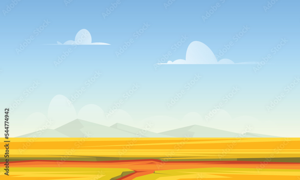 Cartoon landscape summer green fields view spring lawn hill and blue sky