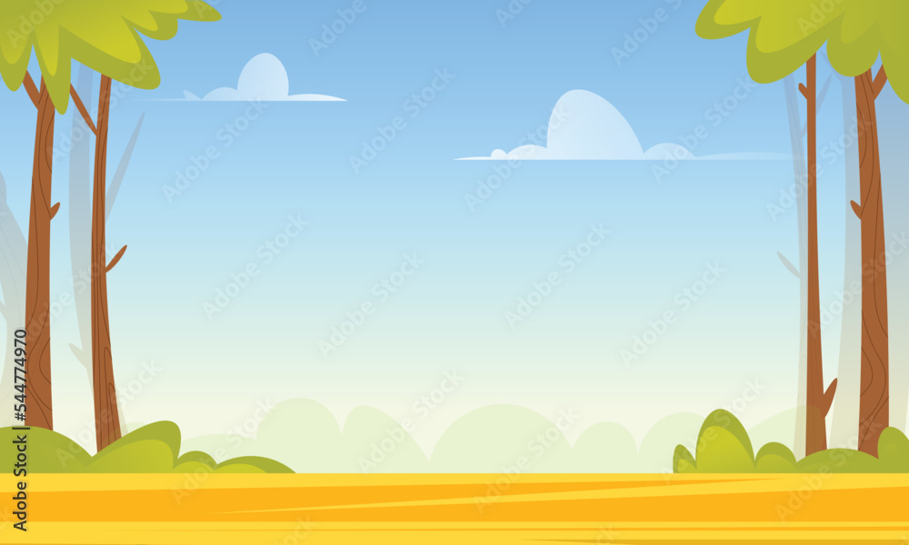 Fototapeta premium Cartoon landscape summer green fields view spring lawn hill and blue sky