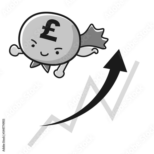 ポンド通貨（£）のヒーローキャラクターと上昇するチャートのイメージ（白黒）