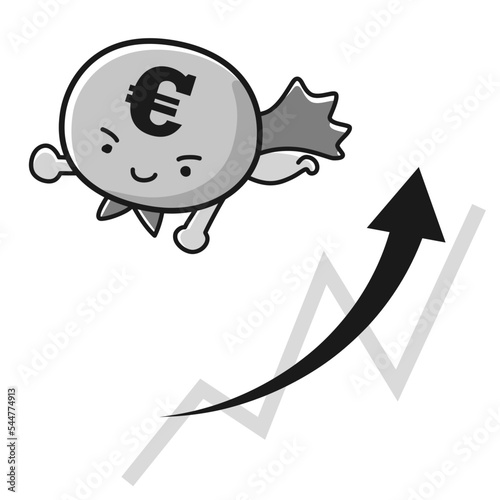 ユーロ通貨（€）のヒーローキャラクターと上昇するチャートのイメージ（白黒）