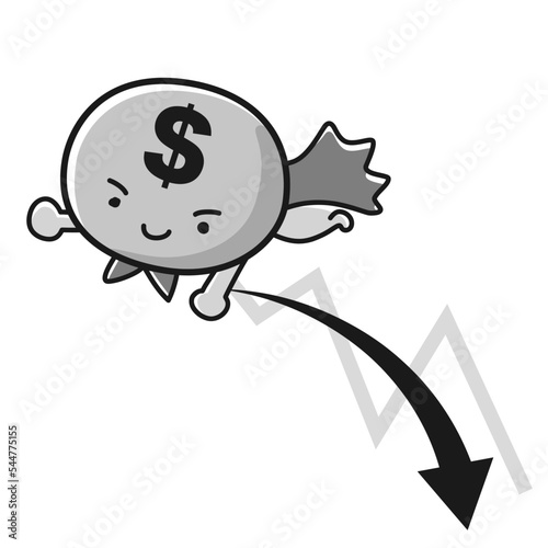 ドル通貨（＄）のヒーローキャラクターと下降するチャート（白黒）
