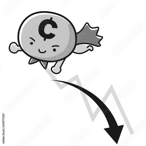 セント通貨（¢）のヒーローキャラクターと下降するチャート（白黒）