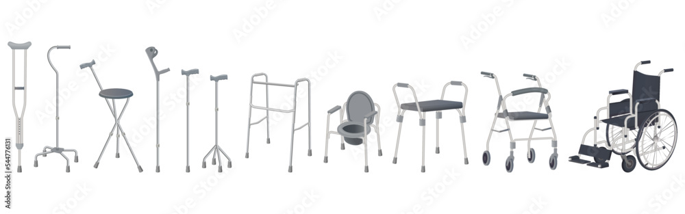 Wheelchair, walker and walking sticks.Crutches, strollers, walkers, portable toilet and walking sticks.Vector illustration.