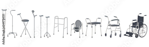 Wheelchair, walker and walking sticks.Crutches, strollers, walkers, portable toilet and walking sticks.Vector illustration. photo