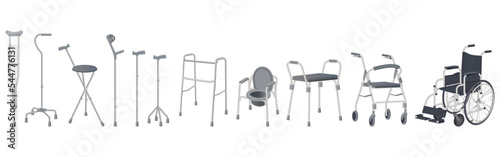 Wheelchair, walker and walking sticks.Crutches, strollers, walkers, portable toilet and walking sticks.Vector illustration.