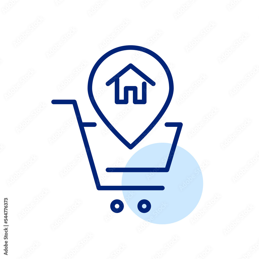 Online shopping with home address delivery. Map pointer in shopping cart. Pixel perfect, editable stroke line icon