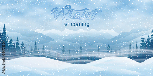 Winter mountain landscape, snowdrifts and blizzard, vector illustration