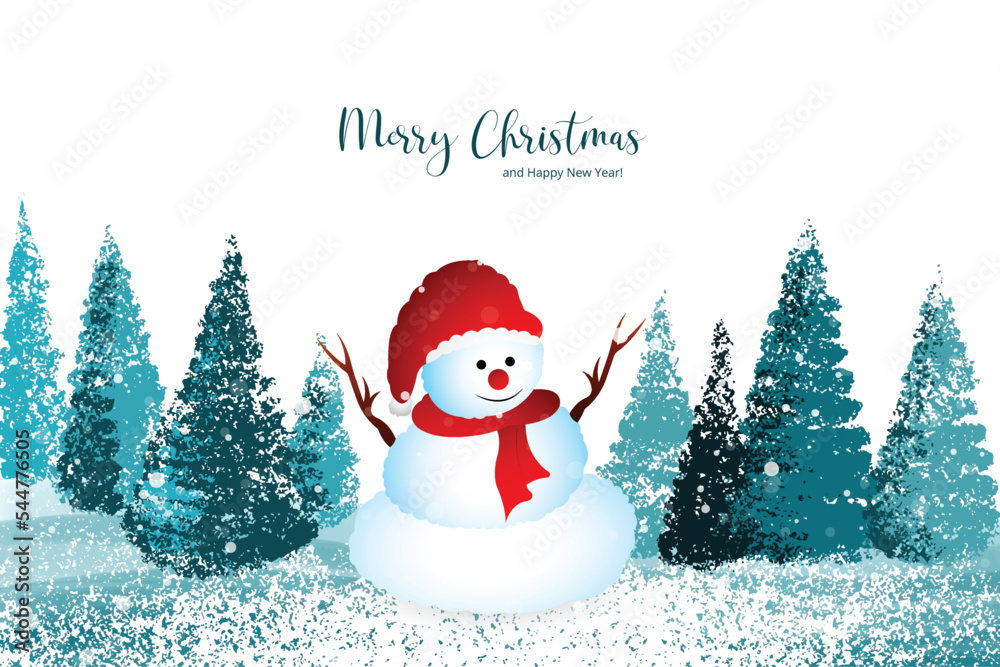 New year and christmas tree winter landscape background with snowman card design