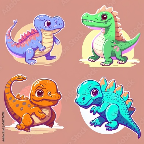 Character of cute colored cartoon dinosaurs. Dinosaurs from jurassic period Predators and herbivores illustration collection