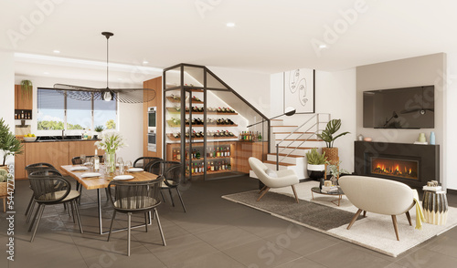 Fotografie Area social de departamento con chimenea y bodega de vinos, render