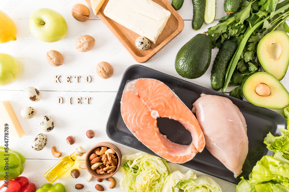 custom made wallpaper toronto digitaltop view of the keto or ketogenic diet on a white background. a set of healthy foods with a high protein content and a good source of fat.