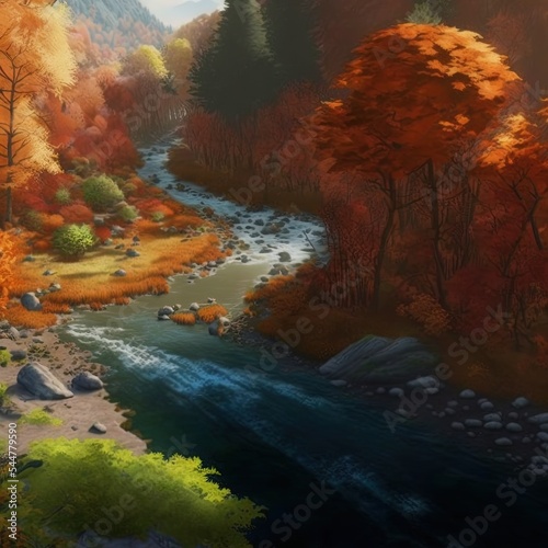 3d render illustration digital painting autumn season river nature landscape orange green colors © 2rogan