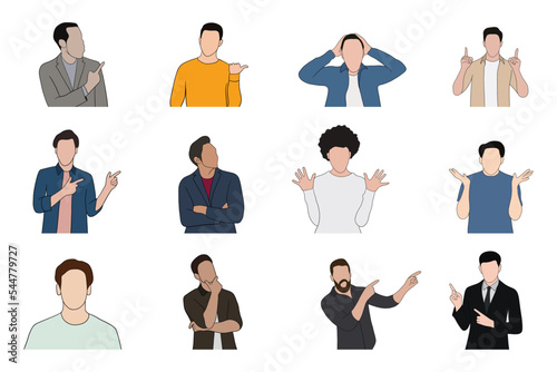 Isolated Young handsome man set in different poses on white background illustration