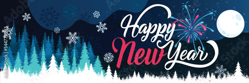 happy new year banner with winter landscape background. Greeting card design includes snowflakes, fireworks, xmas trees and moon.