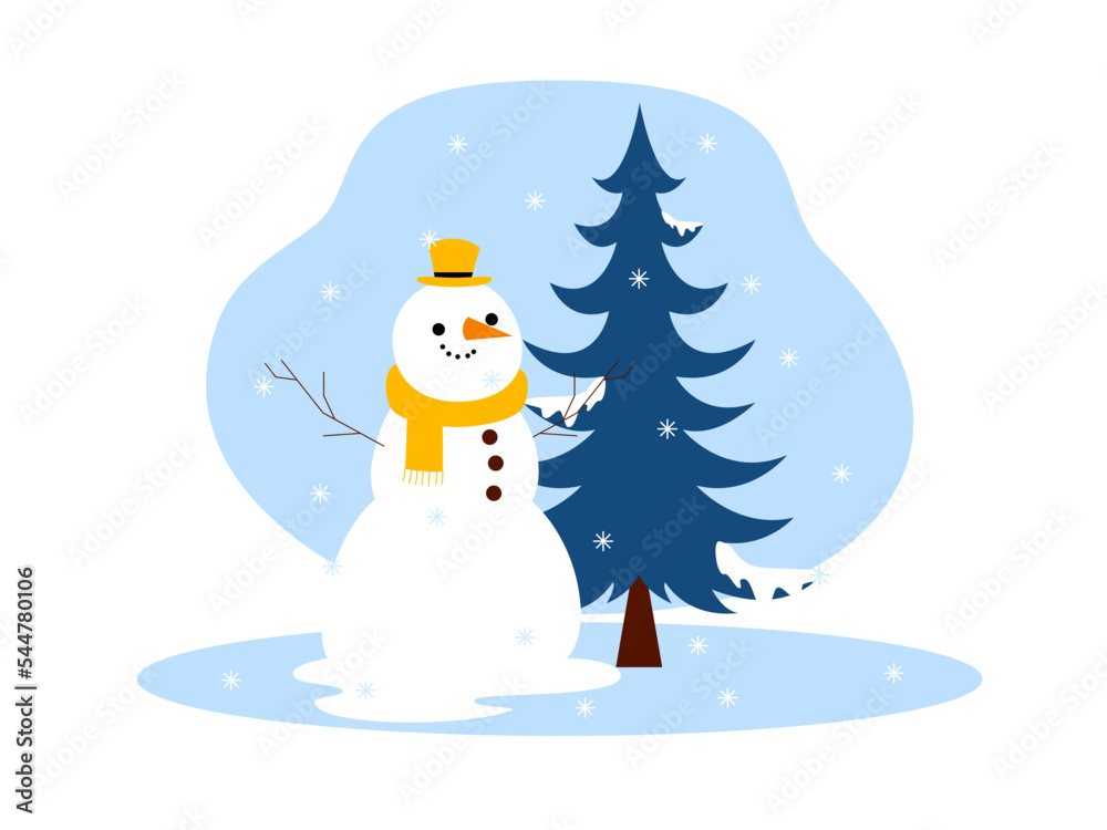 Giant snowman. Snowman and fir trees in winter season. Vector illustration 