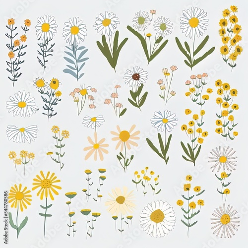 of cute floral illustrations. Collection of small and large daisy flowers. Sketch flat manner. Botanical bundle in modern trendy style. Summer meadow flowers motifs. Cartoon style.