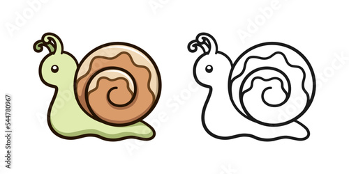 Cute garden snail with outline vector cartoon illustration. Gardening pest farming agriculture coloring book page activity worksheet for kids