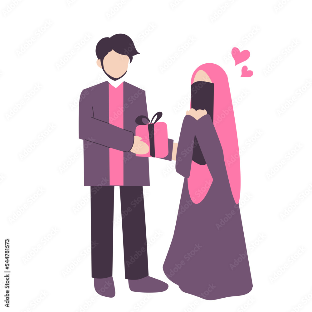Romantic Muslim couple. Husband giving gift to wife. Romantic Muslim couple. Husband giving gift to wife.
