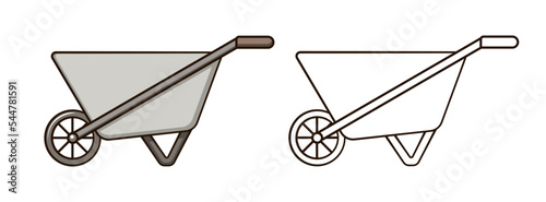 Empty steel wheelbarrow cute cartoon outline line art illustration. Gardening farming agriculture coloring book page activity worksheet for kids